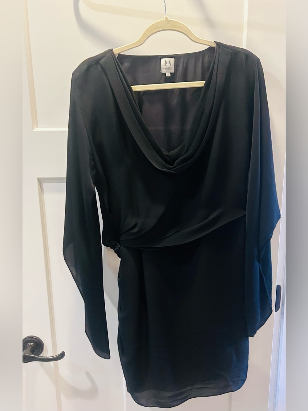Elegant Black Draped Cowl-Neck Dress by Halston silk